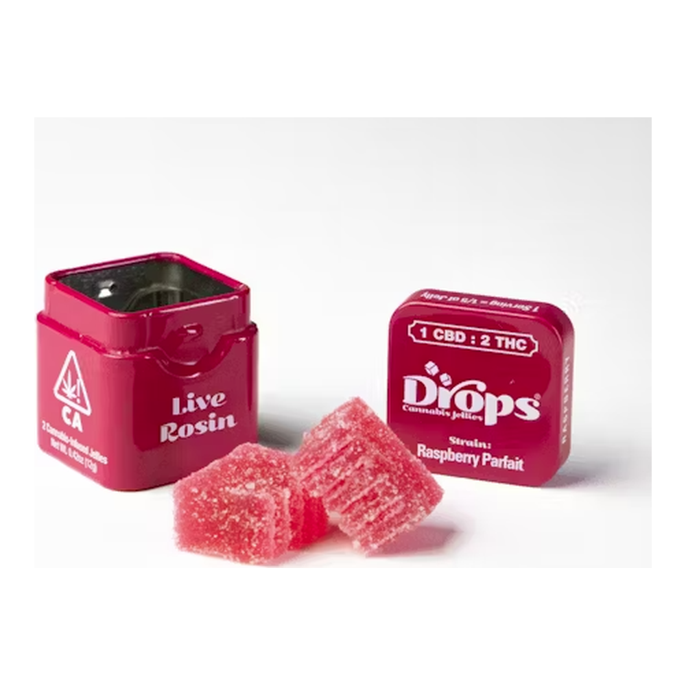 Drops | Raspberry | 1:2 CBD:THC | Strain-Specific Live Rosin Infused Jellies | 2pc | 100mg