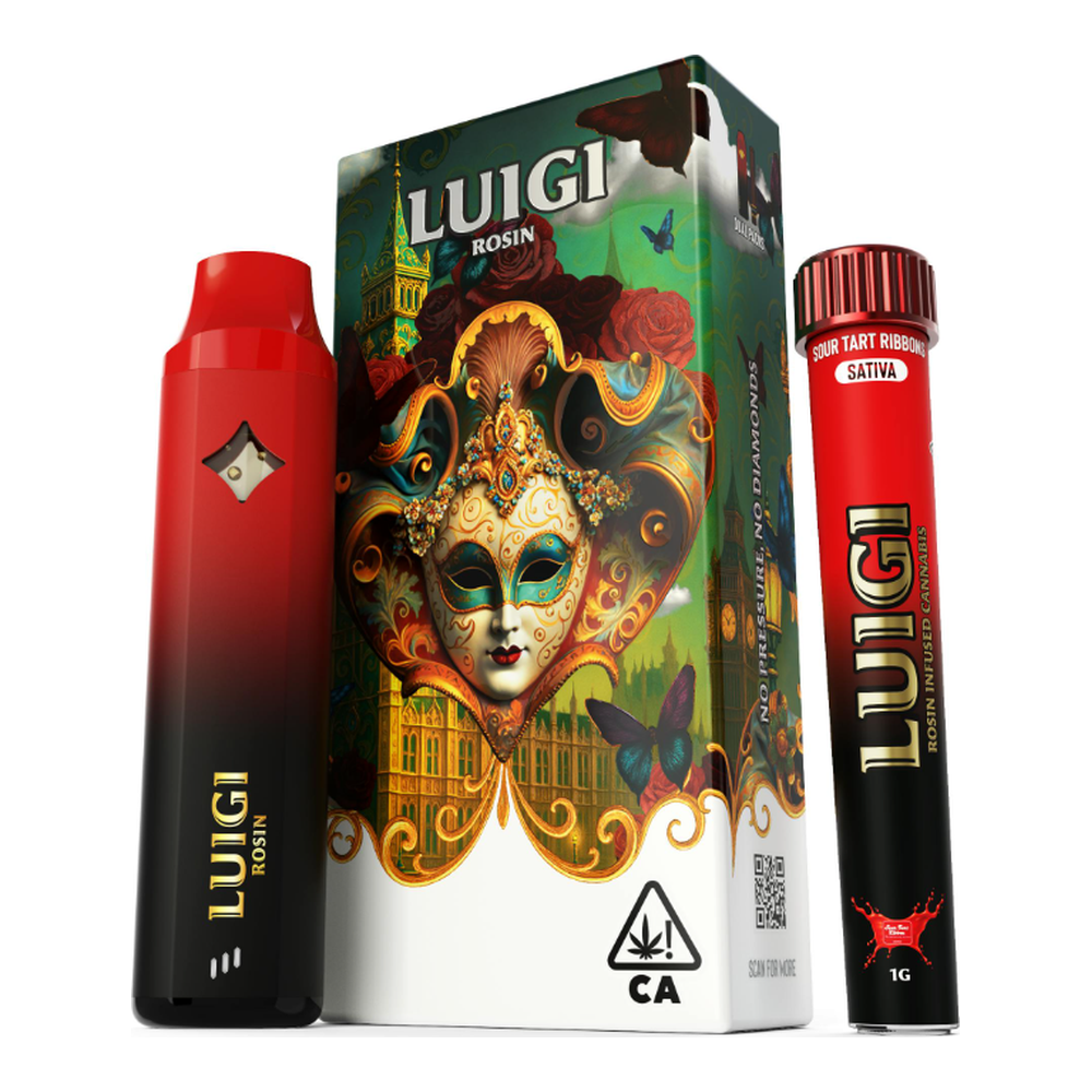 Luigi | Sour Tart Ribbons | Rosin All-In-One Vape 1g + Infused Bubble Hash Rosin Preroll Blunt 1g
